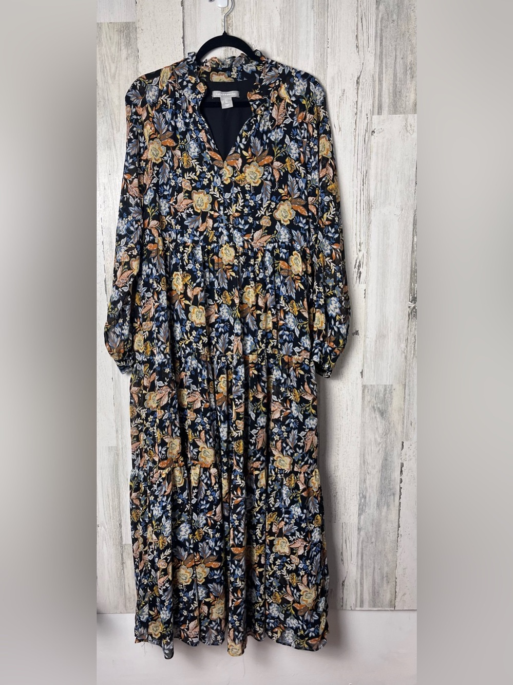 Lucky Brand Black Floral Tiered Maxi Dress with Yellow &  Blue Accents large